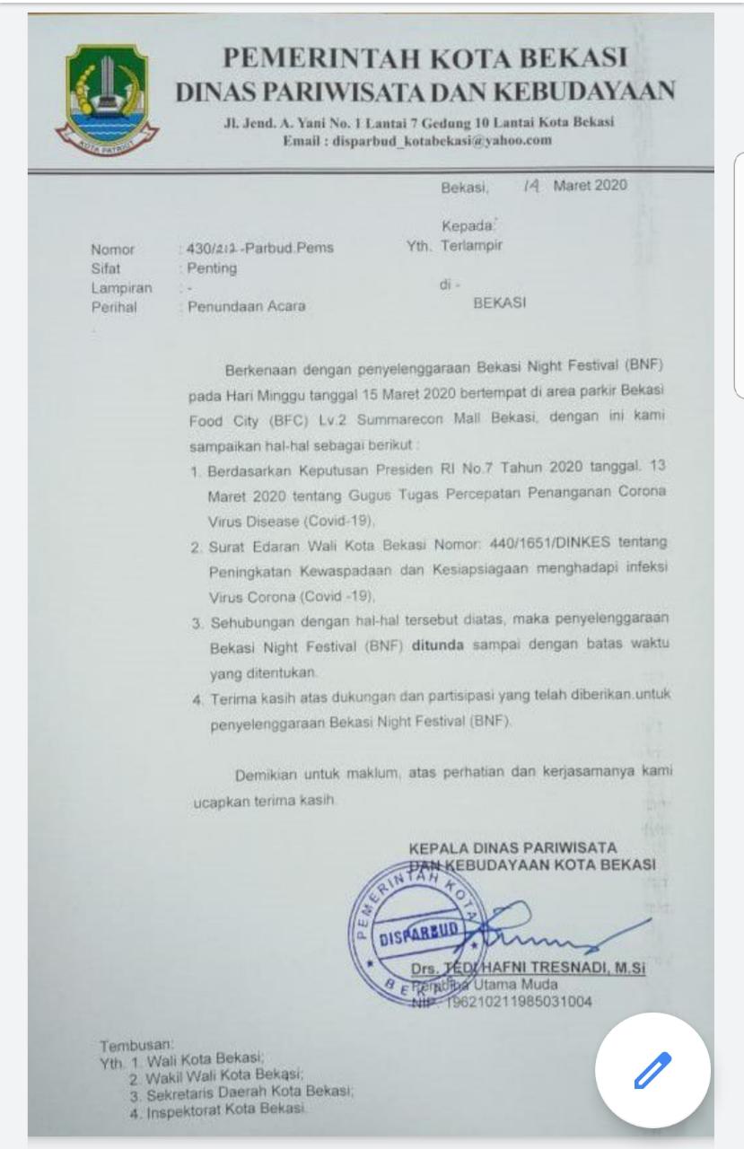 Surat Edaran pembatalan kegiatan Bekasi Night Festival 