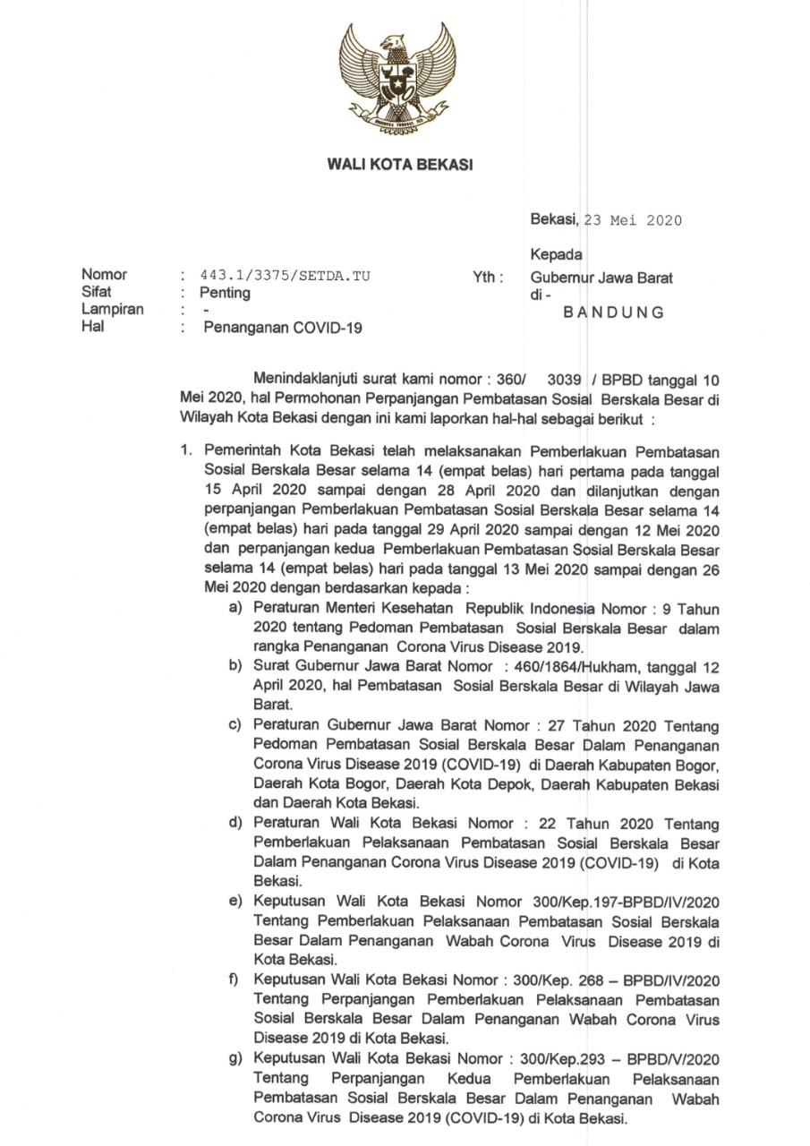 Surat edaran Walikota Bekasi tentang ajuan relaksasi pelaksanaan PSBB