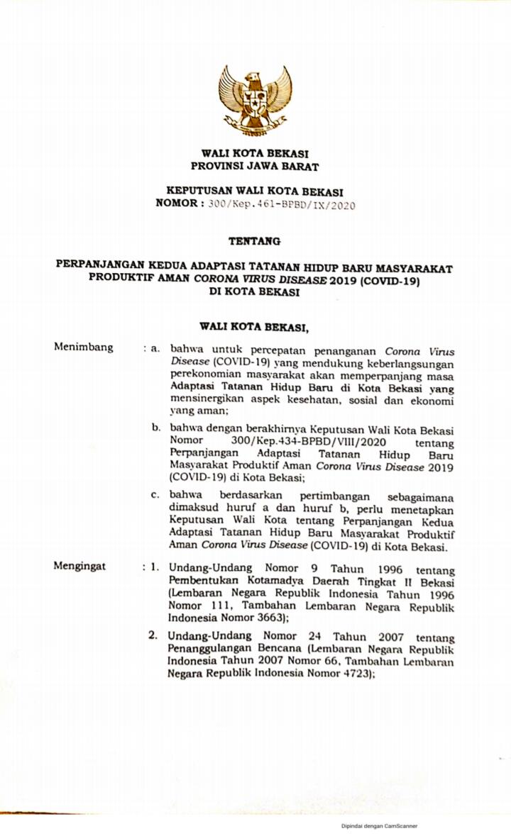 Surat Edaran Walikota Bekasi terkait perpanjangan massa BPHTB