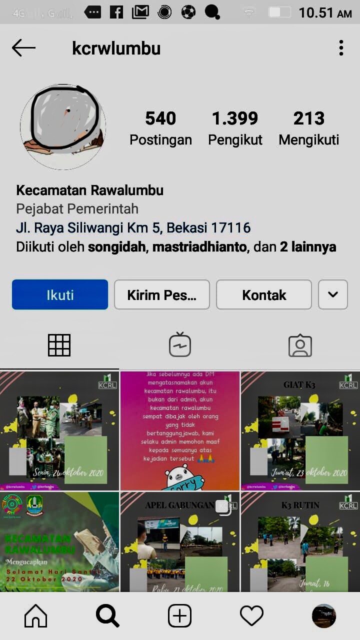 Akun Instagram Kecamatan Rawalumbu yang diduga diretas