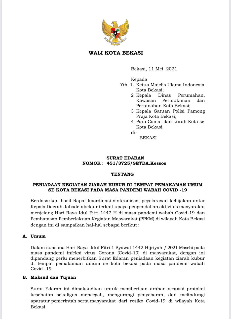 Surat Edaran periahal larangan ziarah kemTe,pat Pemakaman Umum di Kota Bekasi